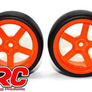 Reifen – 1/10 Drift – montiert – 5-Spoke Orange Felgen 3mm Offset – Slick (2 Stk.)